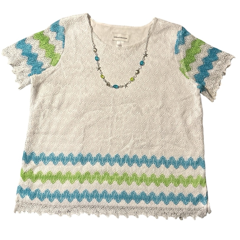 Alfred Dunner White Blouse with Blue and Green Accents